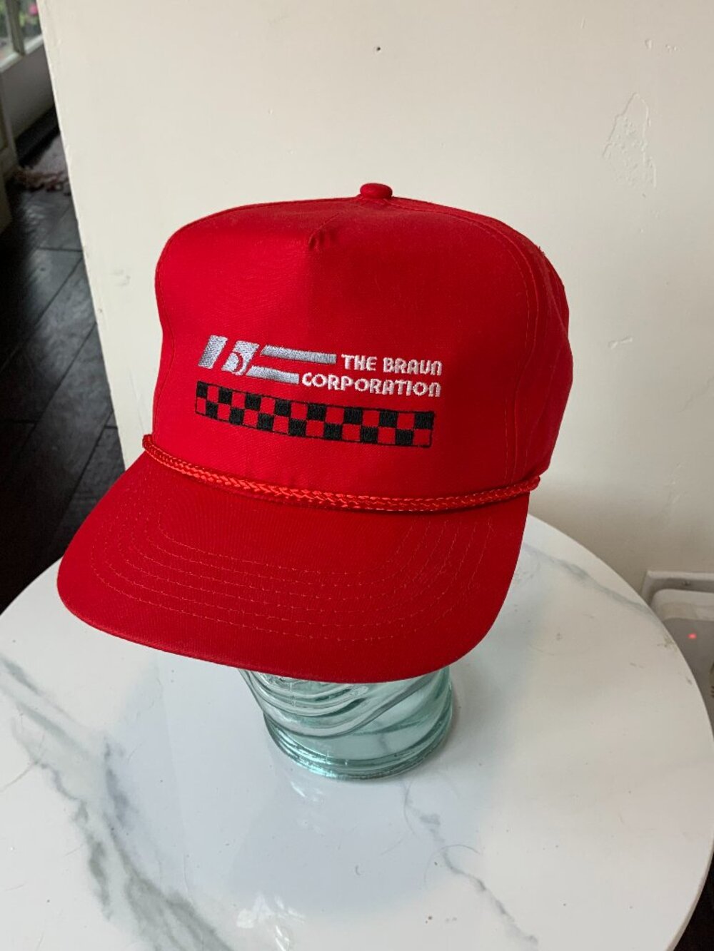 Vintage Braun Corporation Red Racing Checkered Rope Hat